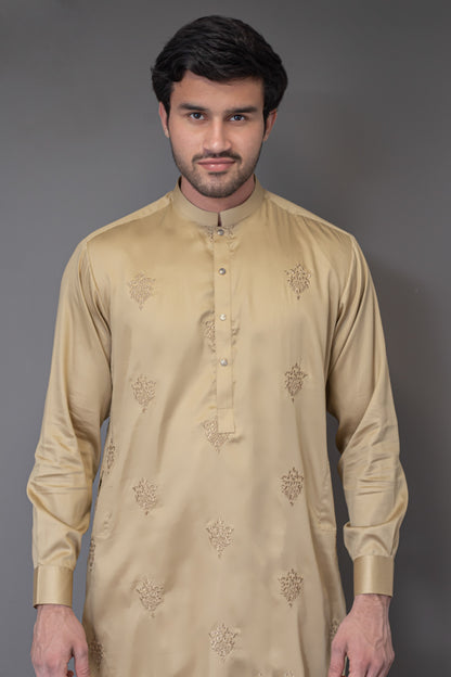Embroidered Dark Gold Cotton Kurta
