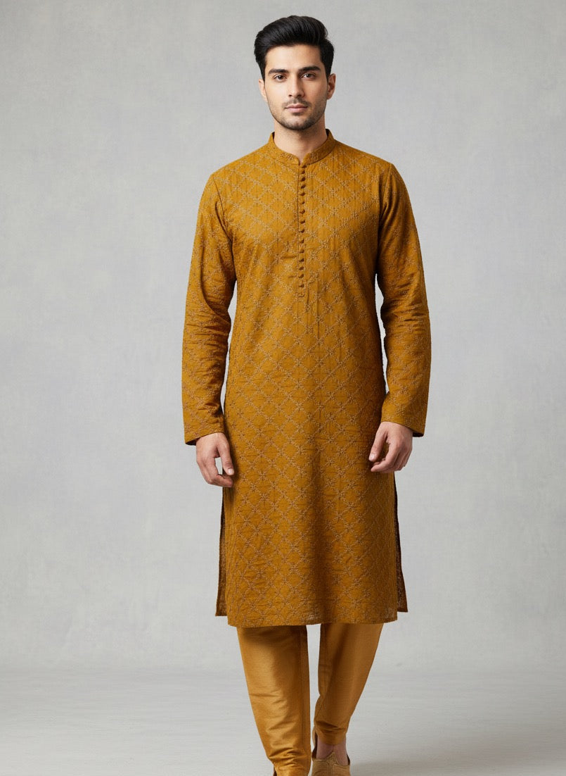 Light Brown Embroidered Kurta With Pajama