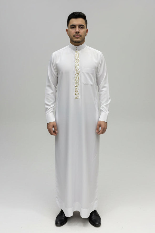 Al Nahr – White Saudi Embroidery Thobe