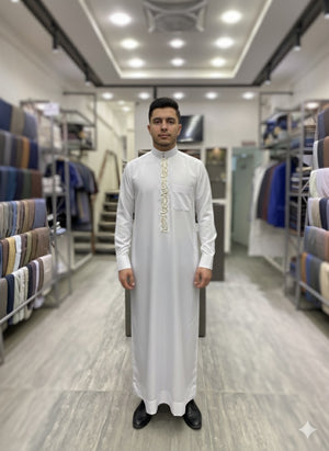 White Saudi Embroidery Thobe