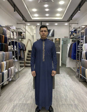 Navy Blue Saudi Embroidery Thobe