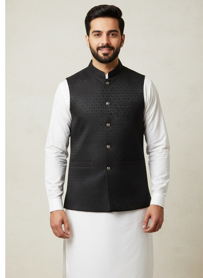 Black Textured Waist Coat