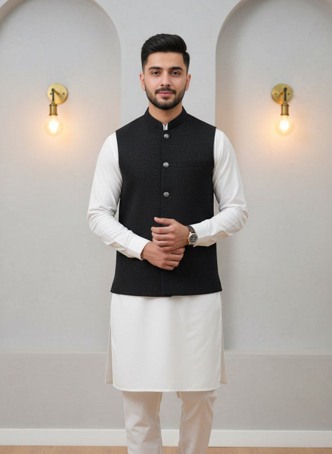 Black Textured Waist Coat