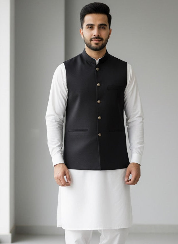 Black Textured Waist Coat