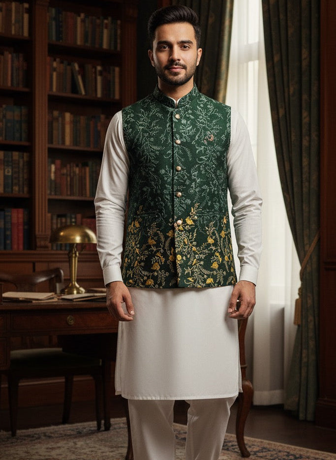 GREEN EMBROIDERED WAISTCOAT