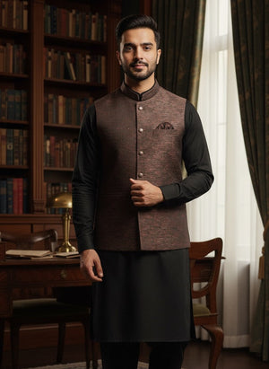 BROWN TEXTURED WAIST COAT