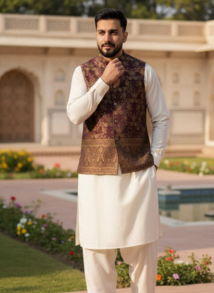 Mehroon Textured Waist Coat