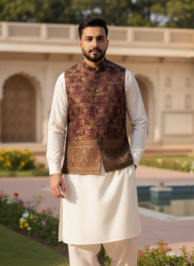 Mehroon Textured Waist Coat
