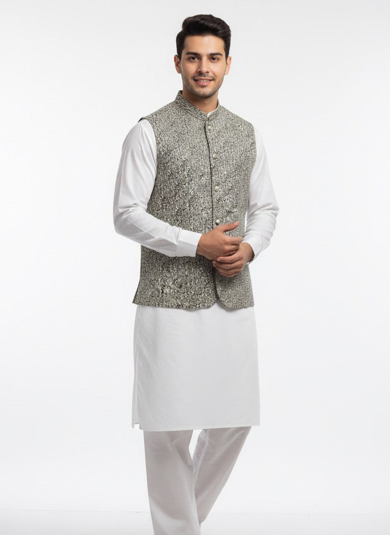 WHITE TEXTURED WAIST COAT