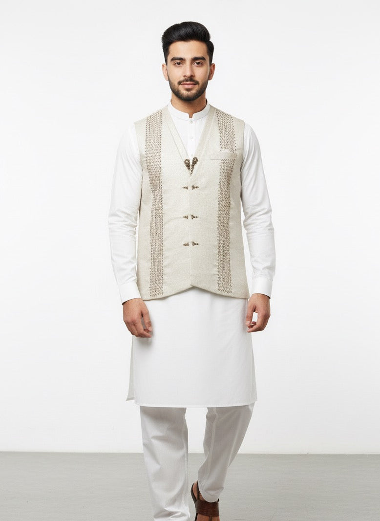 WHITE EMBROIDERED WAISTCOAT