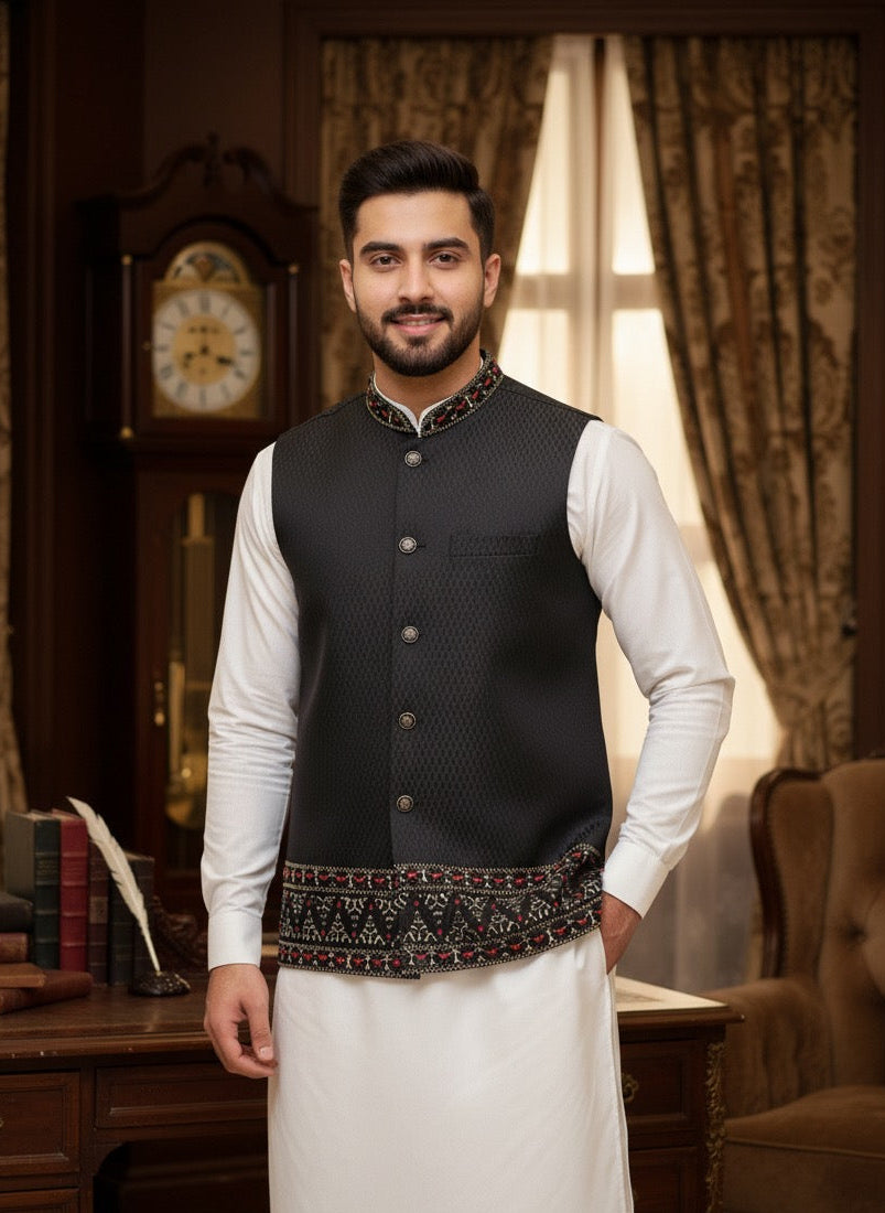 BLACK EMBROIDERED WAISTCOAT