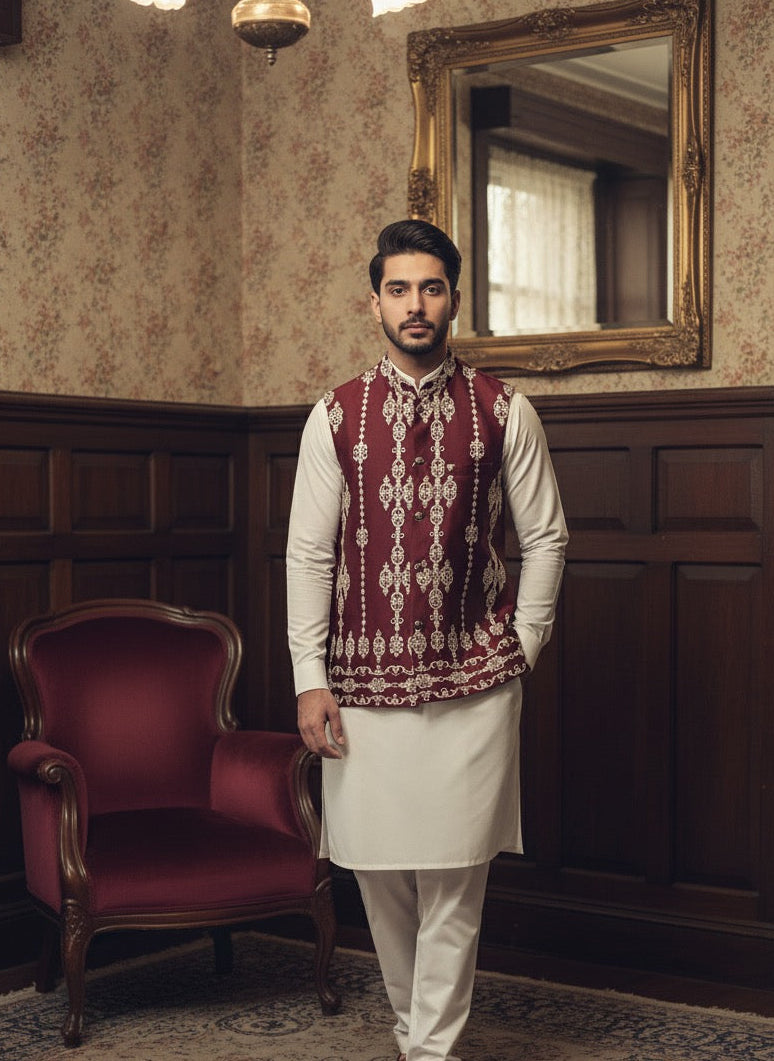 MEHROON EMBROIDERED WAISTCOAT