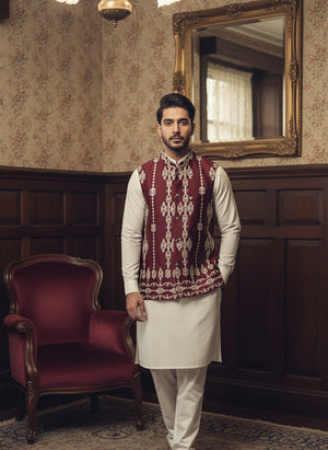 MEHROON EMBROIDERED WAISTCOAT