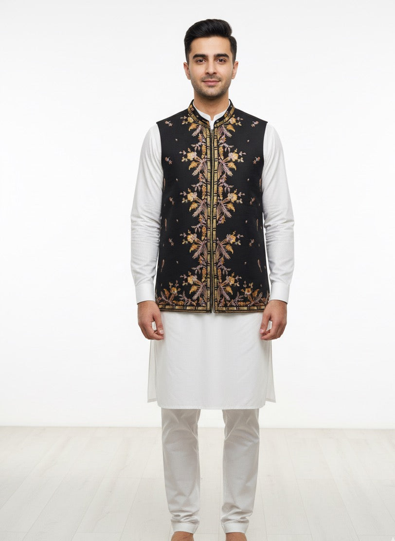 BLACK EMBROIDERED WAISTCOAT